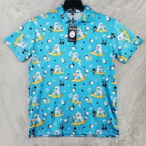 New!‎ Snowman Golf Performance Polo Shirt Blue Size Medium Polyester loud print
